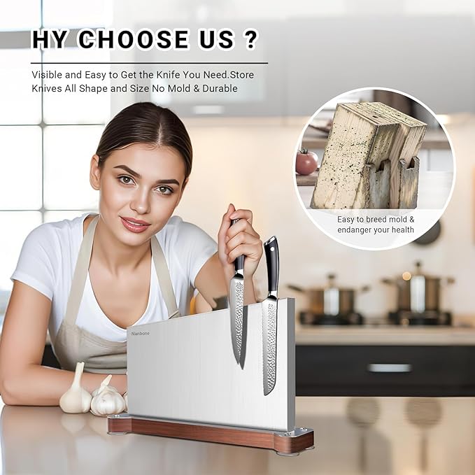 Magnetic Knife Block Without Knives Large Double Side Magnetic Knife Holder Stand with Strong Magnet, Stainless Steel Knife Storage Organizer for Kitchen Counter Knife Rack Three Magnet Strip
