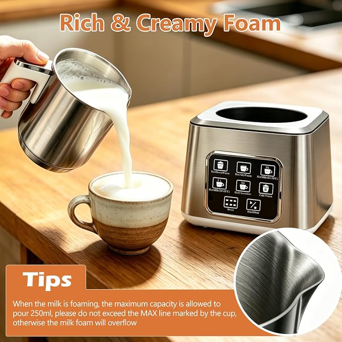 6-in-1 Electric Milk Frother and Steamer, Large Capacity & Detachable Electric Milk Frother and Warmer, Automatic Hot & Cold Foam Maker, with Stainless Steel Jug, 16.91oz/500ml for Coffee