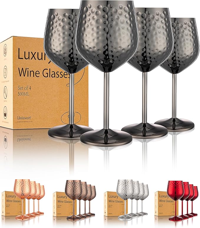 UNISWEET Stainless Steel Wine Glasses Set of 4 Unbreakable (Black) | 17 oz Large-capacity Hammered Goblets, Lightweight & Reusable, Good for Outdoor, Camping, Pool Travel, Gift for Wine Lovers