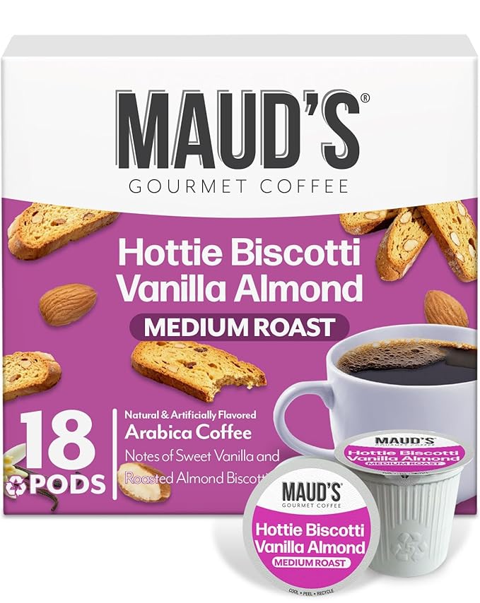 Maud's Almond Biscotti Flavored Coffee Pods, 18 ct, Medium Roast Flavored Coffee in Single Serve Pods – 100% Arabica Beans, Compatible with Keurig K Cups Maker