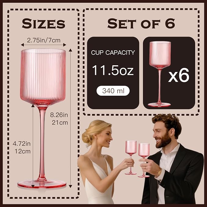 Pink Square Wine Glasses Set of 6, Elegant Ribbed Design Colored Crystal Glassware with Long Stem, 11.5oz Hand Blown Stemware For Red & White Wine Home Bar Party