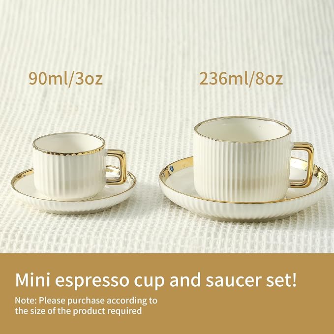 LETAOTAO Espresso Cups Set of 4, 3oz Espresso Cups and Saucers, Ceramic Coffee Cups with Gold Trim, Stackable Mini Demitasse Mugs for Espresso, Cappuccino,Latte, Americano and Tea