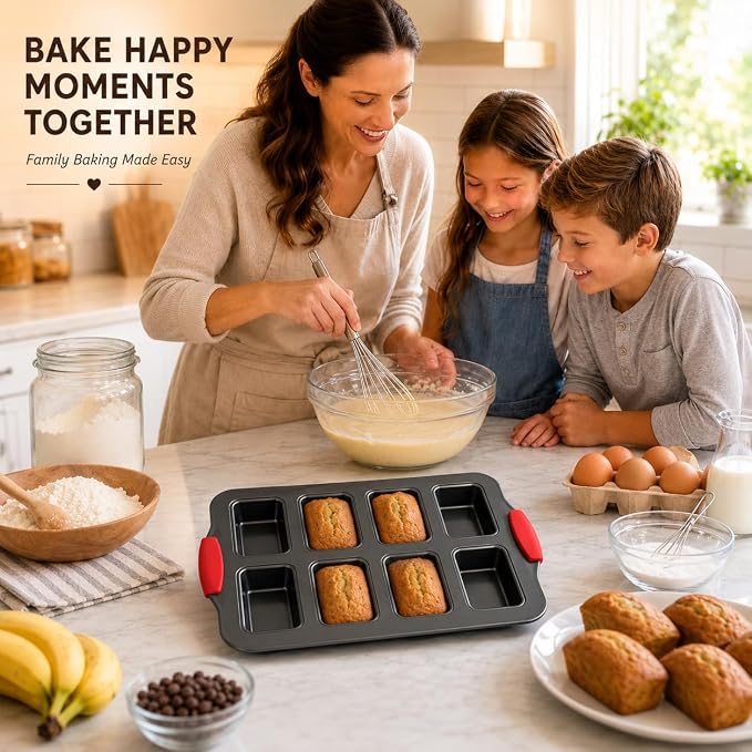 Mini Loaf Baking Pans, 2 Pack 8-Cavity Carbon Steel Banana Bread Pan and 100 Parchment Liners, Nonstick Mini Loaf Pan for Baking Bread, Cornbread, Brownies