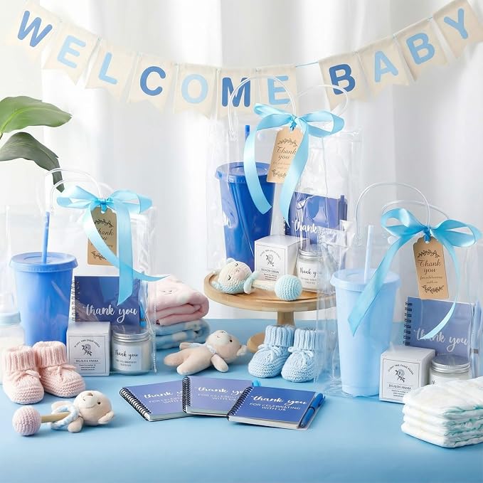 Nuogo 12 Sets New Parent Shower Prizes for Player Winners Adult, Wedding Bridal Shower Gift, Plastic Tumbler Notebook Scented Candle Ballpoint Pen Bag (Gradient Blue,Classic Style)