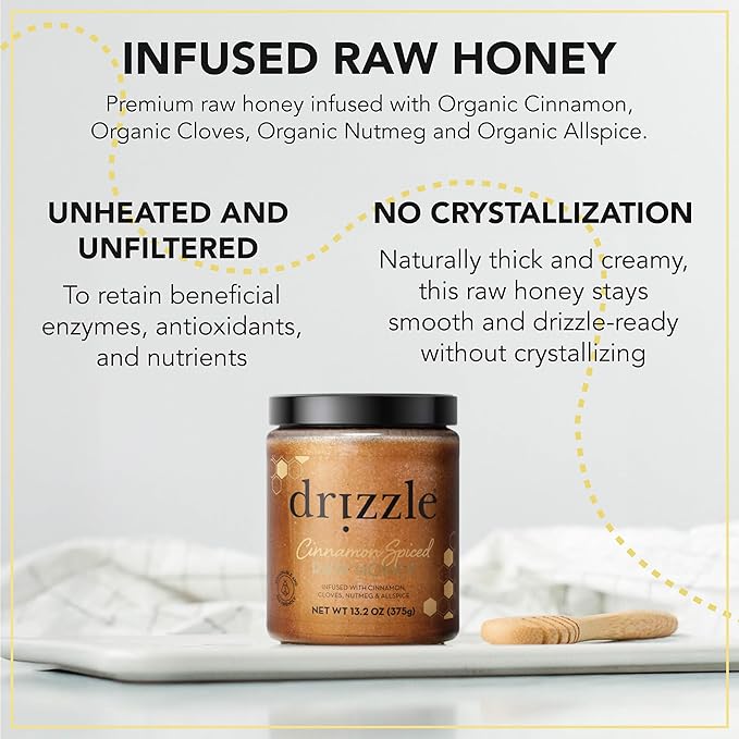 Drizzle Cinnamon Spiced Raw Honey - All Natural Pure Raw Honey with Organic Cinnamon, Unfiltered, Use in Tea & Coffee, Sugar Substitute, Certified Kosher - 13.2 oz Jar (375 g), Pack of 2