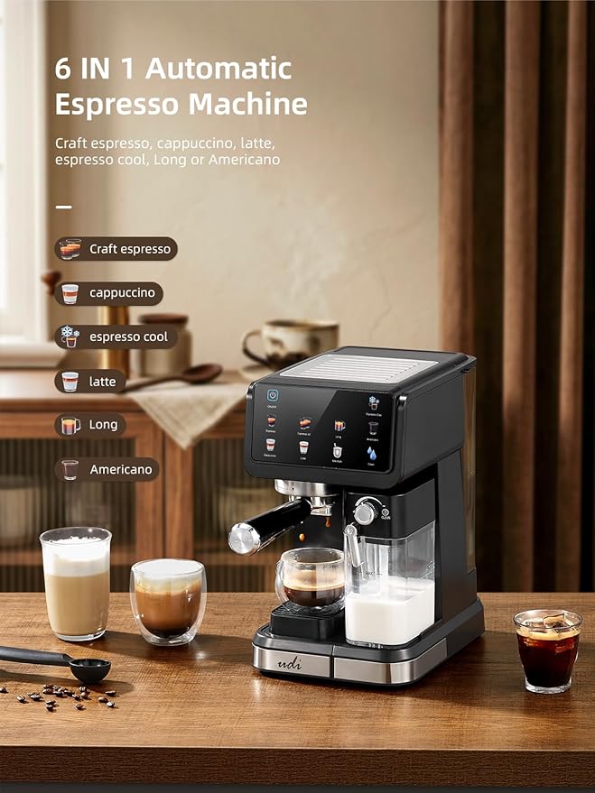 UDI 20 Bar Espresso Machine, 9-in-1 Coffee Maker with Automatic Milk Frother & Detachable Milk Tank, One-Touch Cappuccino Latte Macchiato Americano Iced Espresso, Self-Cleaning Function for Home Use