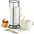 Miamolo Coffee Mugs Set of 4, Stackable Coffee Cups with Stand and Spoons | 11oz, Ceramic | for Espresso Cappuccino Latte Tea Drinks | Dishwasher & Microwave Safe | Housewarming Gift | White