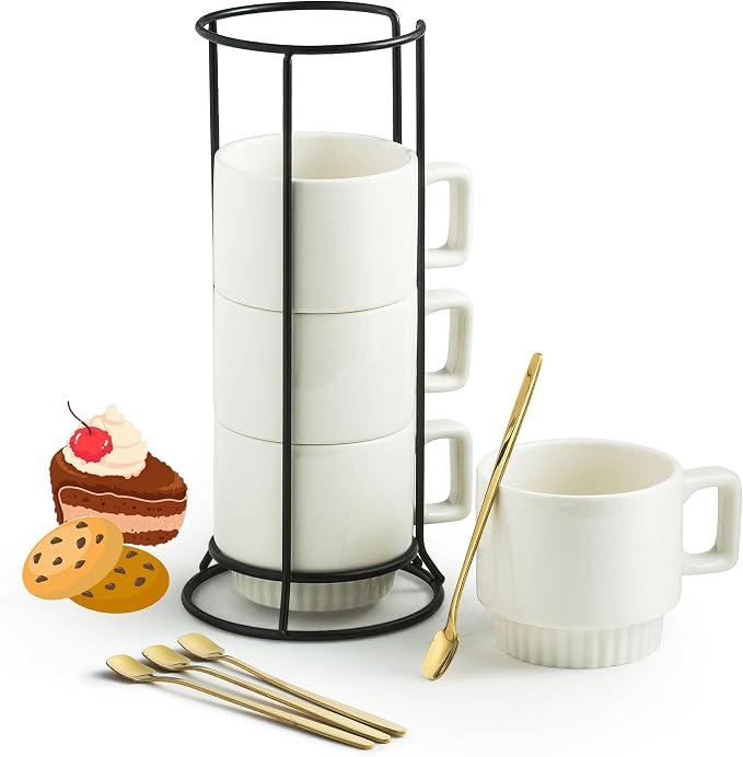 Miamolo Coffee Mugs Set of 4, Stackable Coffee Cups with Stand and Spoons | 11oz, Ceramic | for Espresso Cappuccino Latte Tea Drinks | Dishwasher & Microwave Safe | Housewarming Gift | White