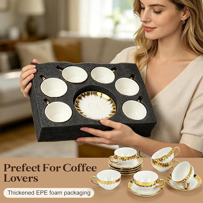 Espresso Cups with Saucers, 3.5 OZ Gold Ceramic Coffee Cup Set of 6, Demitasse Coffee Cup for Double Shot, Latte, Cafe Mocha and Tea, Dishwasher & Microwave Safe (Gold Trim-04)