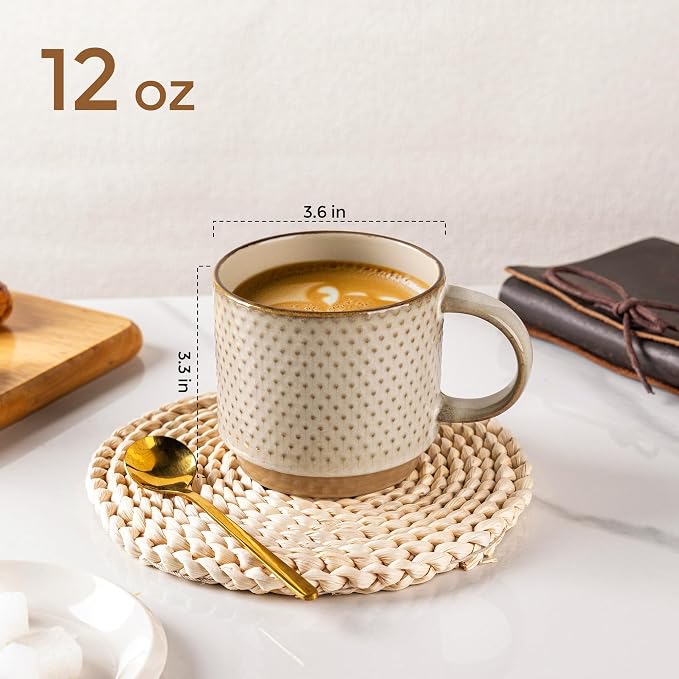 GBhome 12OZ Stackable Coffee Mugs, Ceramic Coffee Mugs with Texture Patterns for Man,Woman,Dad,Mom, Modern Coffee Mugs Set of 4 for Latte/Cappuccino/Cocoa. Dishwasher&Microwave Safe, Pale Khaki
