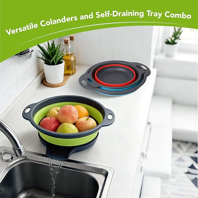 Collapsible Colander Set of 3 with Kitchen Counter Self-draining Base, Round Silicone Food Foldable Strainer for Cooking Pasta, Vegetables and Fruit (3QT, 4QT and 5QT)