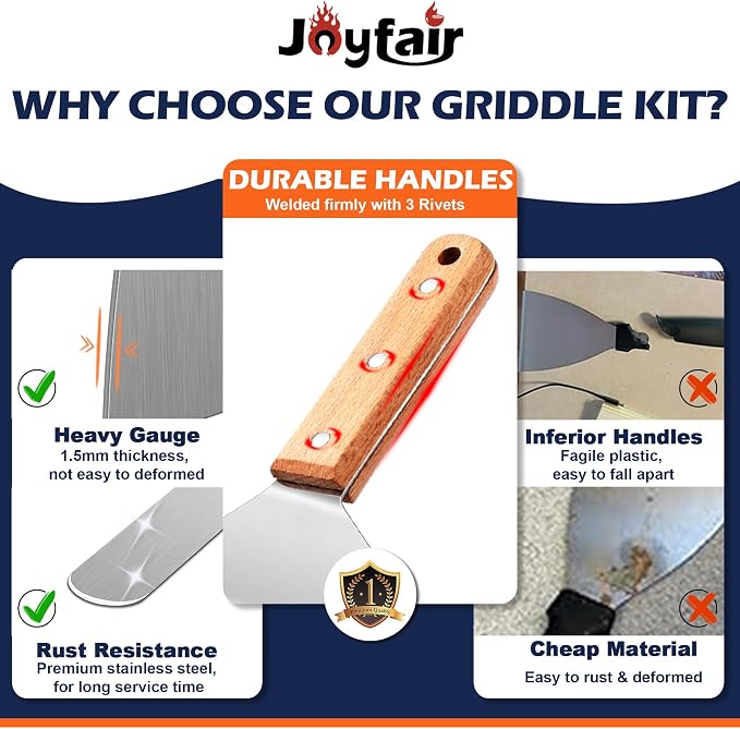 Joyfair Griddle Accessories Kit for Blackstone - 18Pcs, (Wooden Handle) | Flattop Grill Accessory Tools Set with Stainless Steel Spatula Turner, Basting Cover, Smash Burger Press for BBQ Cooking