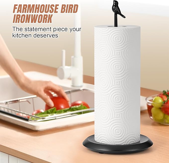 Wooden Paper Towel Holder countertop,Stylish Bird Shaped,Solid Wood Base&Iron Top,with Non-Slip Mat,Stable&Durable,Paper Towel Holder Black-Farmhouse Style to Elevate Your Kitchen's Décor(All Black)