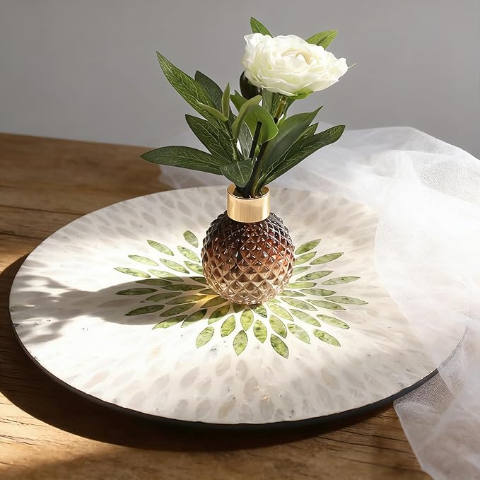 13.4" Mother of Pearl Lazy Susan, Table Centerpiece Round Shell Decorative Lazy Susan Turntable Rotating Tray Organizer for Cabinet Counter Gift Kitchen Office Cafe Home Decor (White Green)