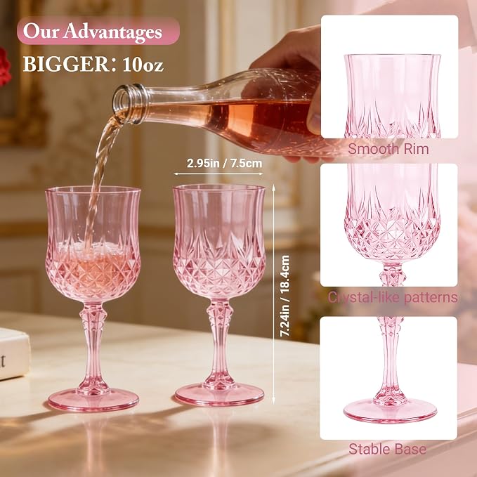 6 Pack Plastic Wine Glasses,10oz Unbreakable Vintage Style Goblets,Reusable Crystal Like Drinking Glass for Wedding Reception, Party Supplies (Pink)