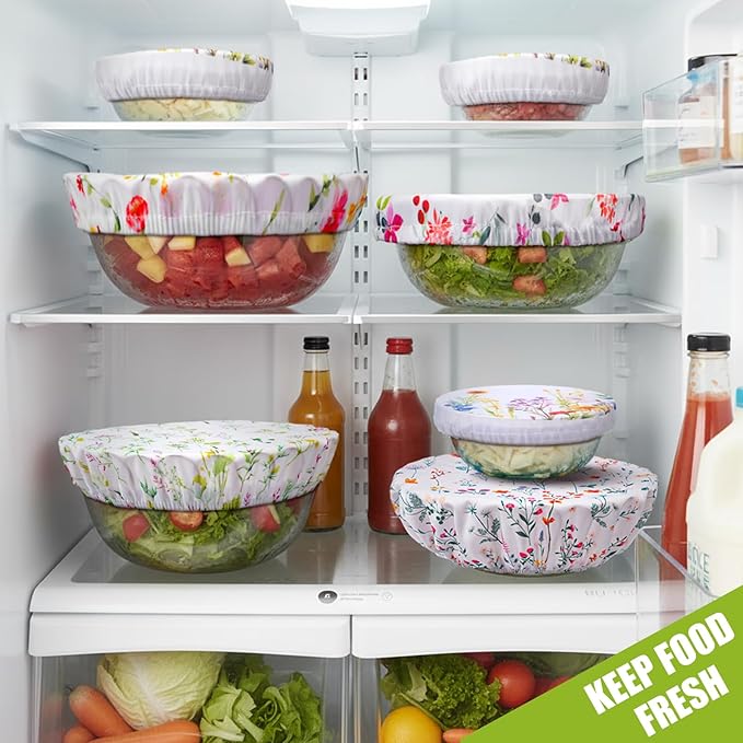 Patelai 10 Pcs Bowl Covers Reusable in 5 Size Stretch Cloth Fabric Elastic Food Storage Bowl Covers Bread Sourdough Lids for Proofing Food Fruits Leftover(Colorful,Spring Style)