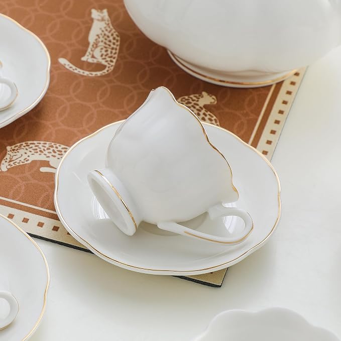 White Porcelain 75ml Demitasse Set of 8 (16-Piece) - 2.5oz Espresso Cups & Saucers, Elegant White & Gold Trim Coffee Set for Turkish Coffee, After Dinner, Gift Giving