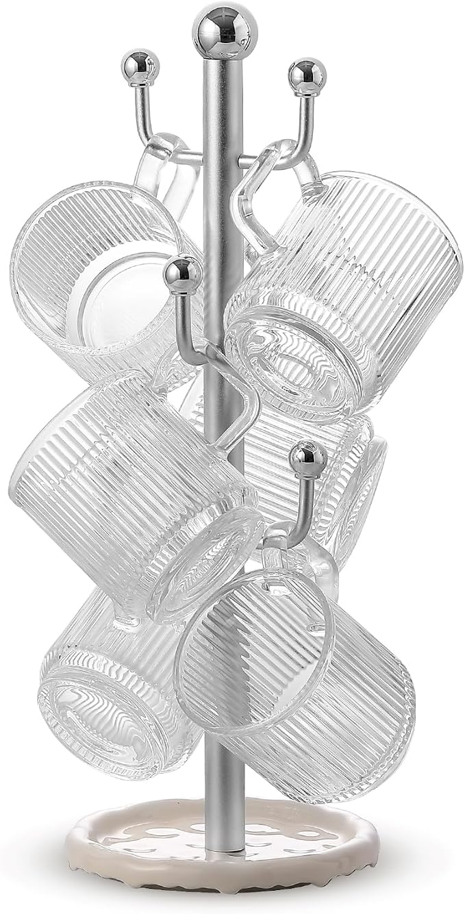 6 High-End Glass Coffee Mugs with Handles and Holders, 12 Ounce Classic Vertical Striped Glass Mug Set, Transparent Tea Cups for Hot and Cold Drinks, American Style, Latte, Cappuccino