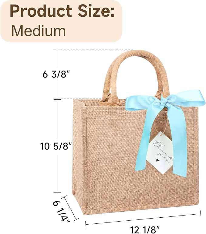 6 Pack Burlap Tote Bags with Handles Reusable Medium Jute Gift Bags with Blue Silk Ribbons Waterproof Lining for Wedding Bridesmaid Mother's Day Bachelorette Beach Party