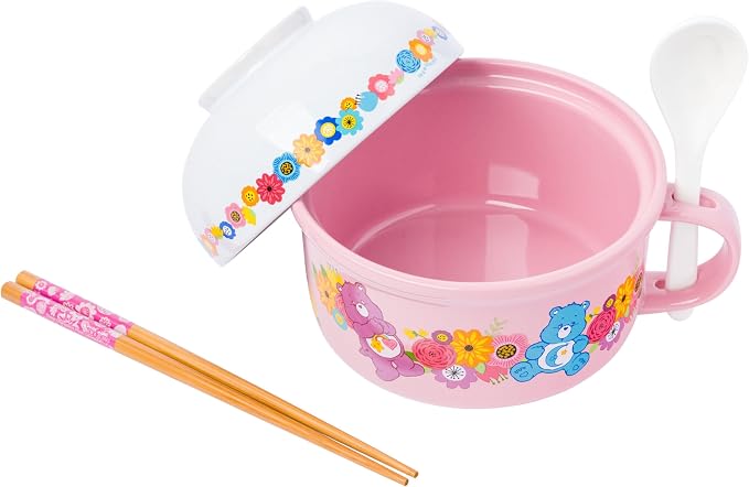 Silver Buffalo Care Bears Soup Mug and Bowl Lid with Spoon and Chopsticks Featuring Bedtime Bear, Best Friend Bear, Wish Bear, and Cheer Bear, 13 Ounce Bowl Lid and 22 Ounce Mug