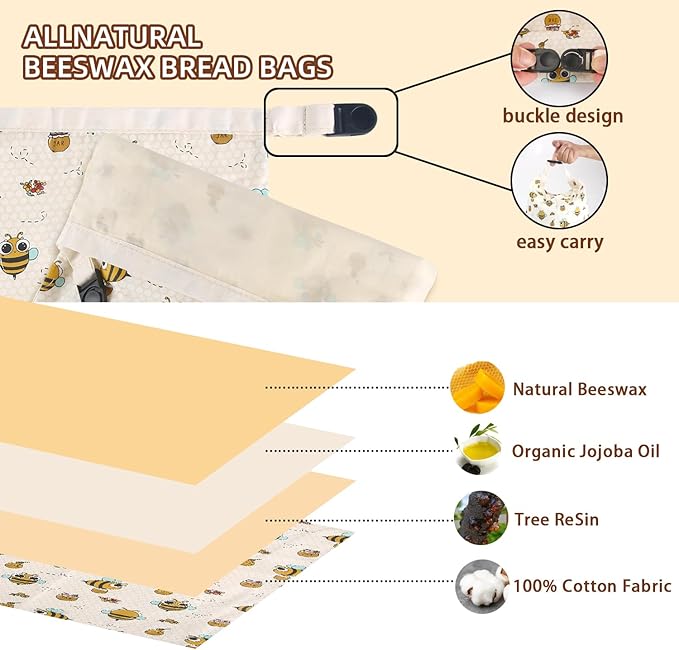 Honeybee Pattern Reusable Beeswax Bread Bags&Coffee Leaf Print Beeswax Wraps for Food