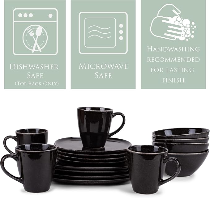 Elanze Designs 16-Piece Modern Luxury Chic Smooth Vintage Handmade Shape High Gloss Ceramic Stoneware Square Plate Mug & Bowl Kitchen Dinnerware 16 Piece Set - Service for 4, Black