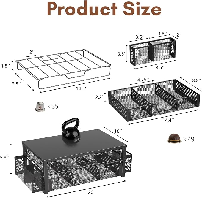 Ekisemio 2-Tier K Cup Organizer with Sliding Drawer & Side Baskets, Black | 63 K-Cups or 83 Capsules| Sliding Drawers | Side Baskets | Sturdy Metal Frame | Tool-Free Assembly | Space Saving | Black