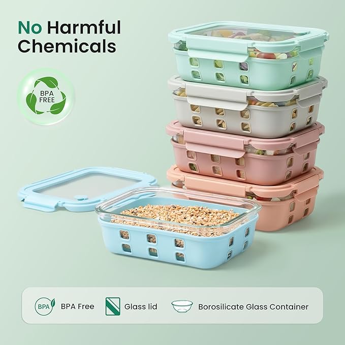 GENICOOK Glass Meal Prep Containers 5 Pack, 4.4 Cup Airtight Leakproof Lids, Borosilicate Glass Food Storage Containers, Microwave Oven Freezer Safe, BPA Free Lunch Containers