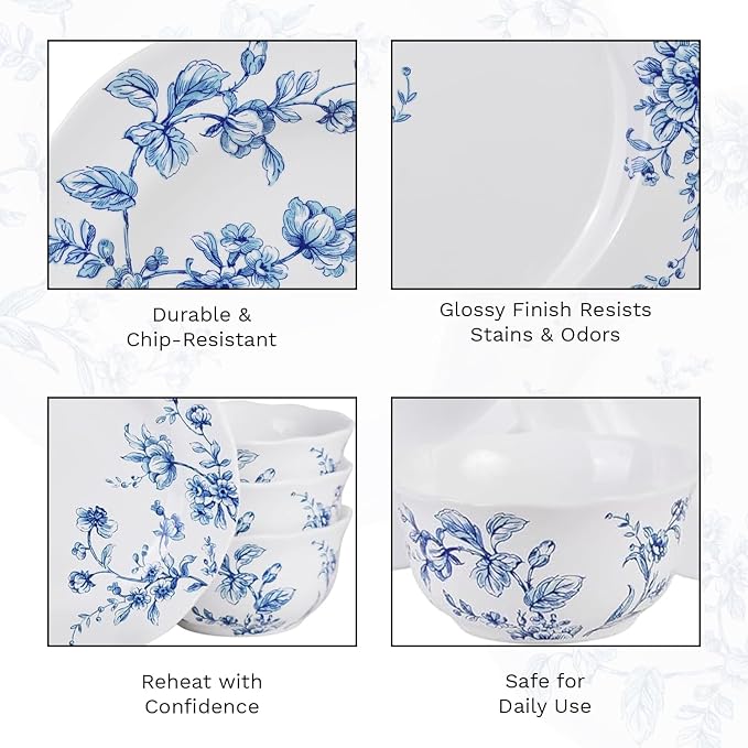 222 Fifth 12-Piece Porcelain Dinnerware Set for 4, White & Blue Plates and Bowls Set, Glossy Ceramic Dish Set with Beautiful Floral Design, Elegant Kitchen Dishes, Microwave & Dishwasher Safe, Bellamy