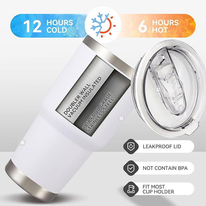 30 oz Tumbler with Lid Stainless Steel Tumblers Vacuum Insulated Cup Reusable Powder Coated Travel Mug Double Wall Leak Proof Portable Cups Keep Cold Drinks for 12 Hours, White, 1 Pack