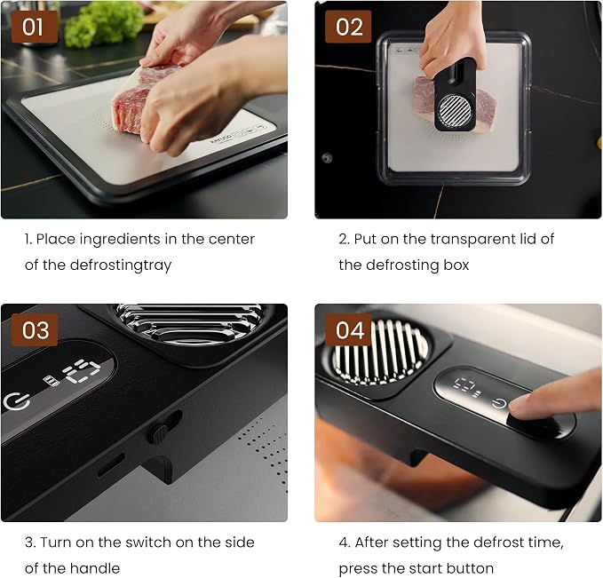 Defrosting Tray for Frozen Meat, USB Rechargeable Meat Defrosting Box with Lid, Aluminum Timable Defrosting Tray BBQ, Airflow Technology, Non Stick Easy to Clean (White)