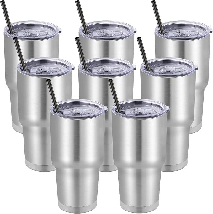 DOMICARE 30oz Tumbler Bulk with Lid and Straw, Double Wall Travel Coffee Mug, Insulated Vacuum Stainless Steel Tumblers, Powder Coated Tumbler Cup (Stainless Steel, 8)