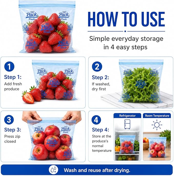 Freshpack 247 Reusable Produce Bags Size M 10 x 12 in, 1 Gallon 20 Pack Green Bags for Fruits and Vegetables, Food Storage Bags With Zipper, Helps Keep Produce Fresh, Kitchen Pantry Meal Prep