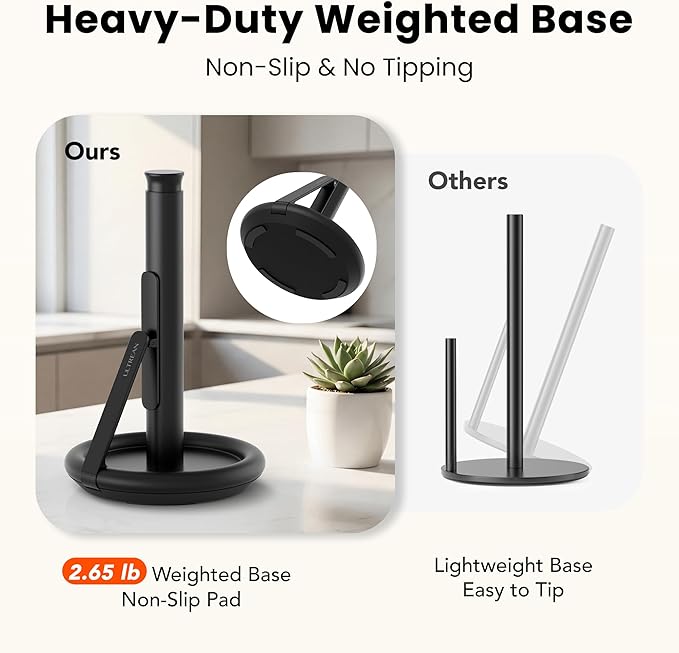 Ultrean Paper Towel Holder Countertop, Freestanding Paper Towel Dispenser with Spring-Loaded Arm for One-Handed Tear, Weighted Non-Slip Base, Stainless Steel for Kitchen, Black