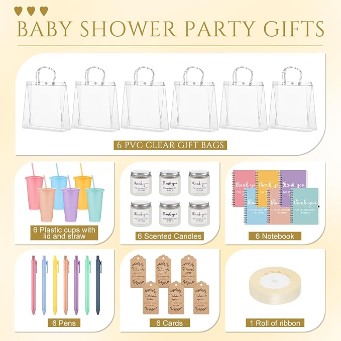 Nuogo 6 Sets New Parent Shower Prizes for Player Winners Adult, Wedding Bridal Shower Gift, Plastic Tumbler Notebook Scented Candle Ballpoint Pen Bag (Colorful,Classic Style)