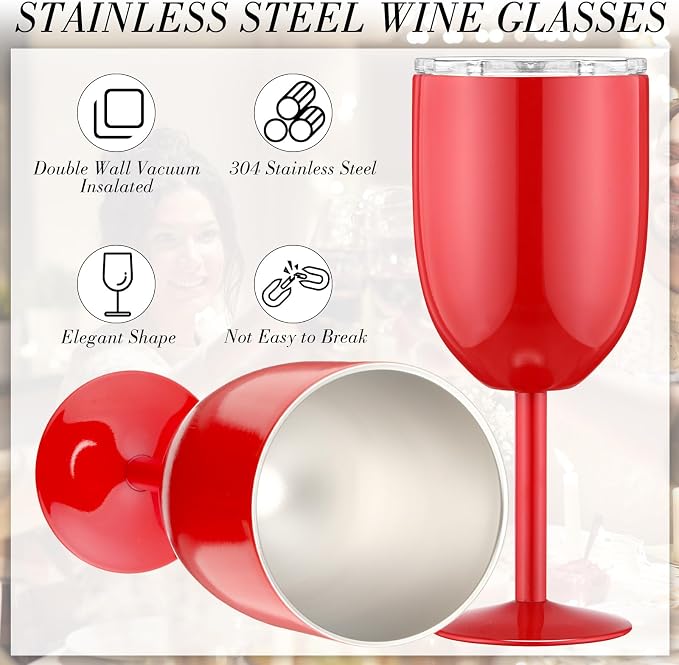 Yinder 8 Pcs Stemmed Stainless Steel Wine Glasses, 12 oz Stainless Wine Goblet with Lids Double Wall Insulated Unbreakable Goblets Insulated Stem Tumbler for Friendship Birthday Party(8 Colors)