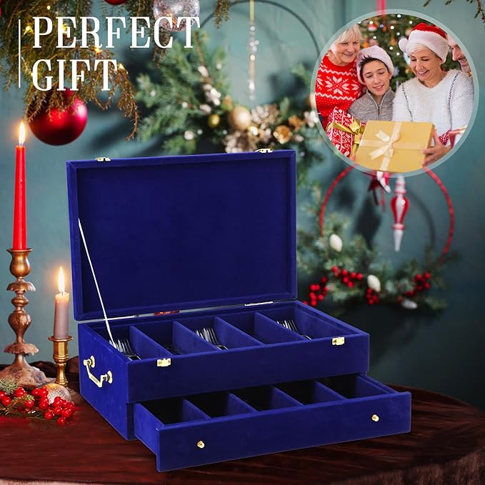 Pickmesh Silverware Case with Lid and Handle, Silverware Storage Box Sterling Silver Flatware Chest Without Silver Tarnish Proof Utensils Organizer for Kitchen Decor Wedding Gifts (Royal Blue,2 Layer)