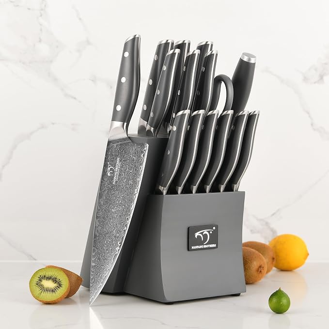 Damascus Knife Set with Block, 16-Piece VG10 67-Layer Steel Kitchen Knives | 16-piece premium Damascus kitchen knife set with VG10 steel core, 67 layers, wood block, and triple-rivet handles