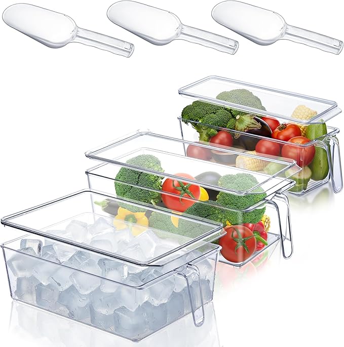Havawish 6 Pcs Ice Storage Bin for Freezer with Lid and Flexible Scoop Set Plastic Ice Container with Lid Handle for Home Office Fridge Storage (12.4 x 8.07,12.4 x 5.91,12.4 x 3.94 Inches,Clear)