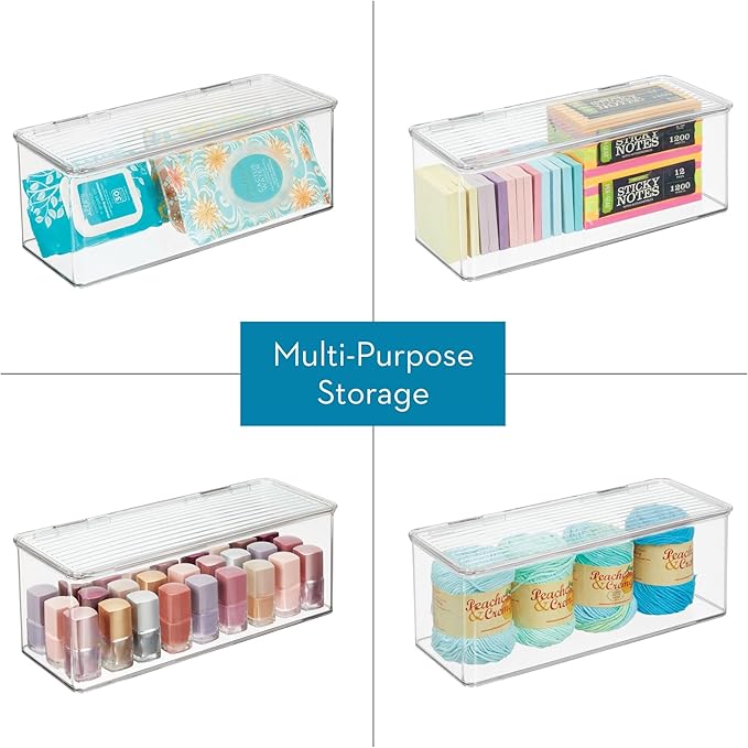 iDesign Plastic Stackable Hinged-Lid Storage Box for Kitchen, Bathroom, or Office - Set of 3 - Clear