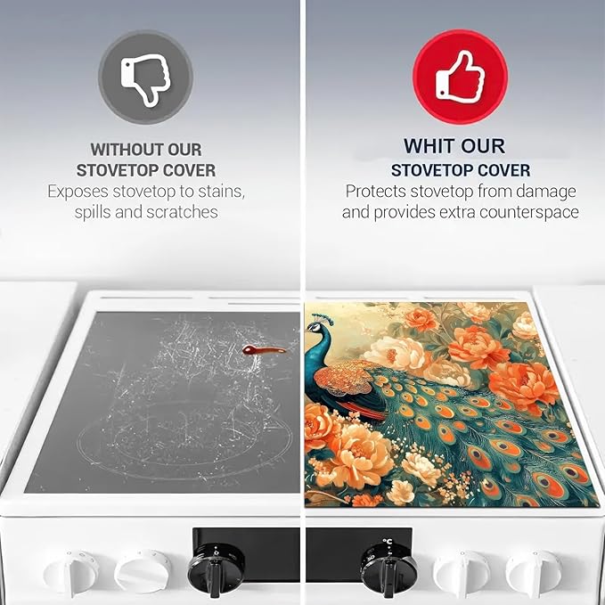 HOMETITUTE Stove Top Cover for Electric Stove 28x20 Inch Diatomite Dish Drying Mat Glass Top Burner Protector Kitchen Counter Mat Peacock Kitchen Decor Stove Pad Stove Top Mat