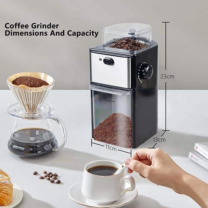 Electric Burr Coffee Grinder for Home Use, 12 Grind Settings Coffee Bean Grinder for Espresso, Drip & French Press, 200W Electric Coffee Grinder with 120g Ground Container