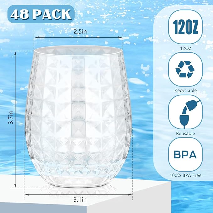 Ctosree 48 Set Tiki Pineapple Glasses 12 oz Plastic Cocktail Wine Glasses Hawaiian Tiki Cups Clear Stemless Reusable Pina Colada Cups Shatterproof Unbreakable Whiskey Mug for Tropical Bar Summer Party