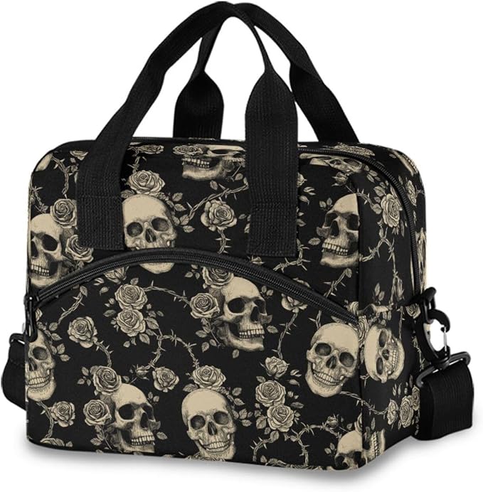 Skull Insulated Lunch Bag Reusable Lunch Tote Bag Cooler Bag for Women Men Adult Lunch Box with Adjustable Shoulder Strap Leakproof Lunch Bag for Work Picnic Camping