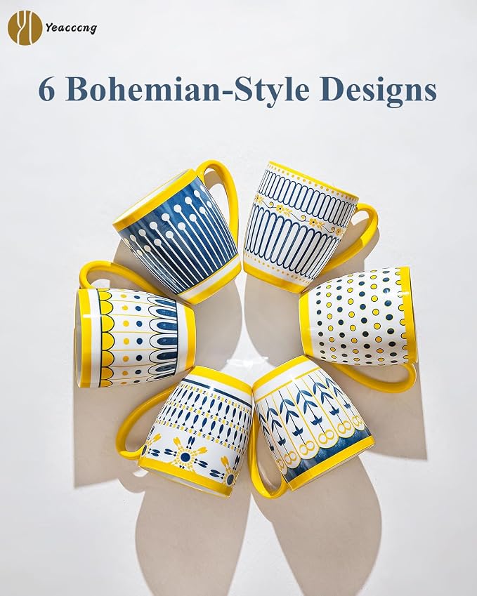 Yeacccng Bohemian Coffee Mugs Set of 6, 15 Oz Ceramic Latte Cappuccino Cups with Yellow Handle, Non-Slip Grip Sturdy Base, Dishwasher Microwave Oven Safe, Scratch-Resistant Boho Tea Mugs
