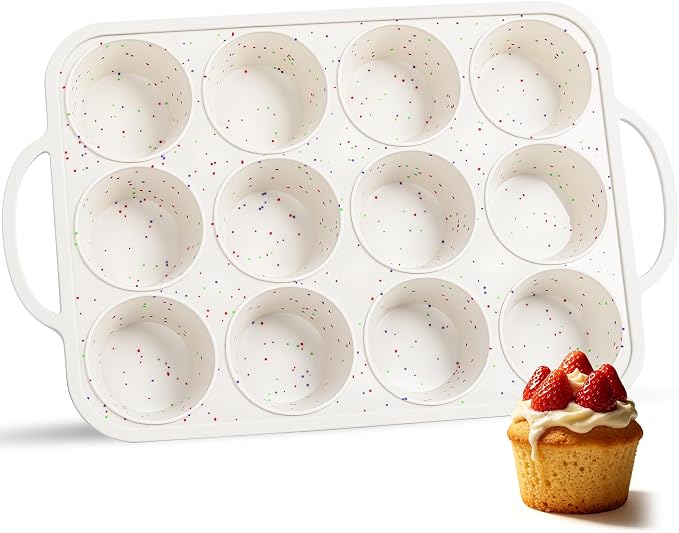 Silicone Muffin Pan with Metal Frame, Nonstick 12 Cup Regular Size Cupcake Pan, Silicone Muffin Tray for Baking Egg Bites Muffins Cupcakes Gifts for Mom Home Baker Kitchen (1 Pc, Cream)