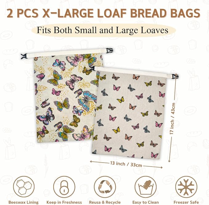 2 Pack Beeswax Bread Bags for Homemade Bread with Zipper, Large 13x17'' Reusable Beeswax Sourdough Bread Storage Bag, Keep Loaves Fresh Longer, Freezer Safe & Airtight, Natural, Zero Waste