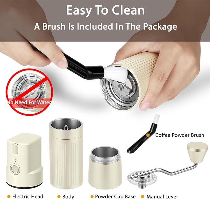 Burr Coffee Grinder Electric and Manual 2 in 1, Manual Burr Coffee Grinder with 40mm Burr, Compact Portable Coffee Grinder for Espresso Coffee, French Press, Home, Travel, Camping (Beige)