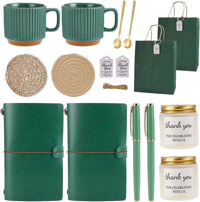 Baby Shower Prizes for Game Winners Baby Shower Games Prizes Ceramic Mugs with Metal Spoons Woven Coasters Notebooks Scented Candles Gift Bags Wedding Bridal Shower Favors for Guests (2, Green)