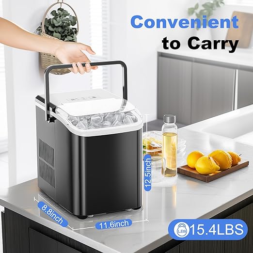 NEWBULIG Countertop Ice Maker Machine with Handle, Portable Bullet Ice Maker Produces 9 Cubes in 6 Minutes, 26 lbs per 24 Hours, Includes Basket & Scoop, for Home Kitchen RV Camping Party, Black